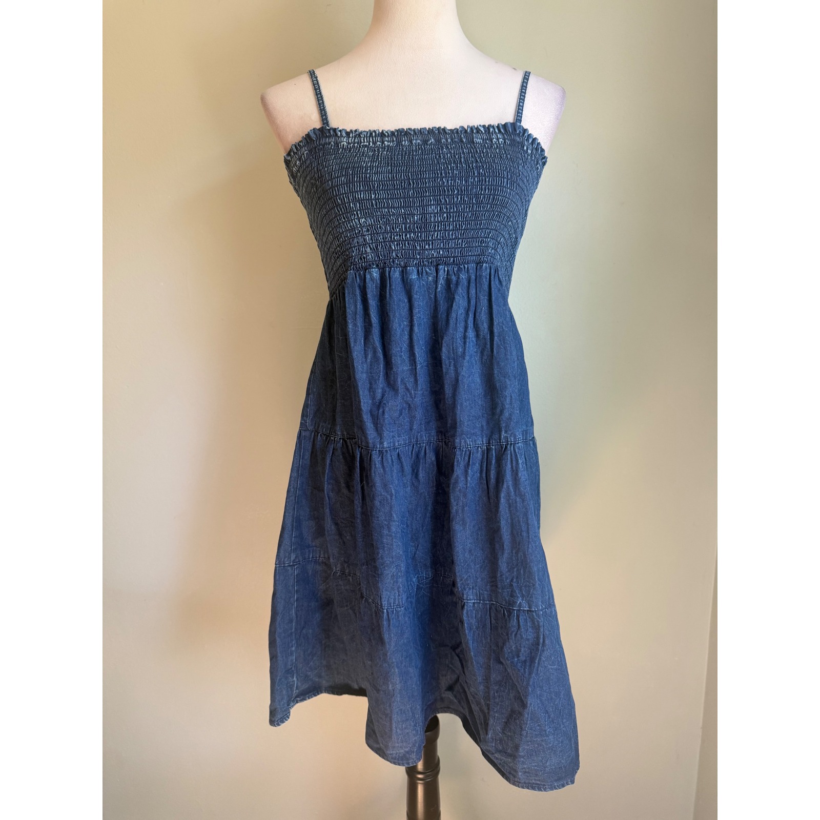 Angie Blue Denim Smocked Tiered Midi Sun Dress Women L Boho Western Cottage Y2k